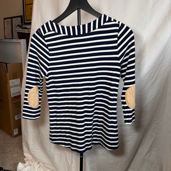 Monteau womens boatneck navy white stripe 3/4 sleeve elbow patch L. Nautical - Picture 8 of 8